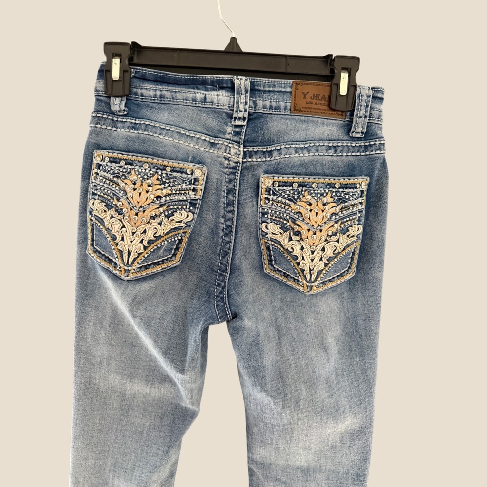 Y Jeans Los Angeles Womens 5/6 Medium Wash Embellished Slim Straight Leg Jeans